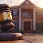 A wooden gavel on a table with a courthouse in the background.